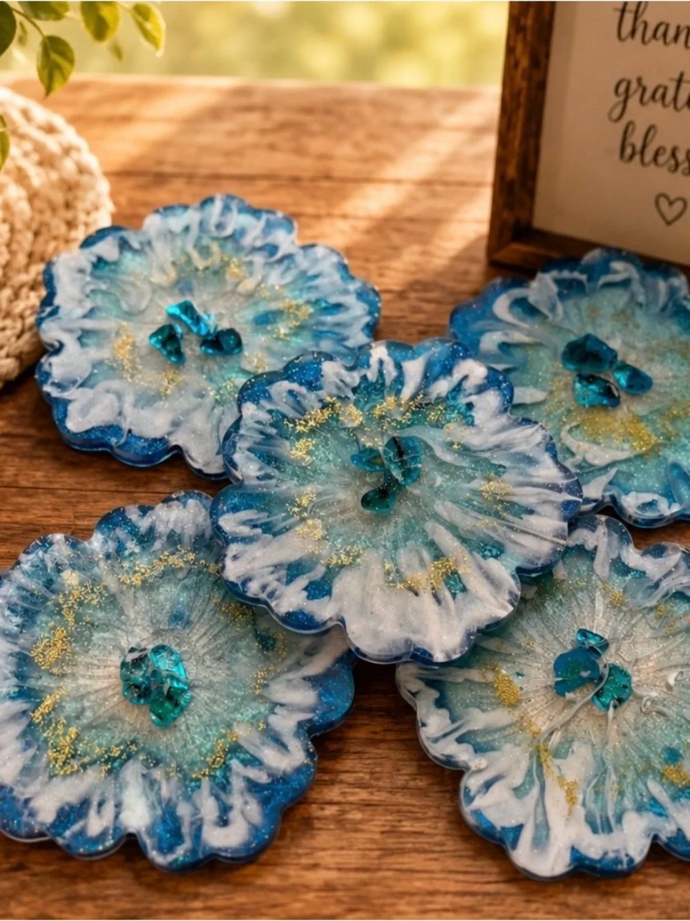 Blue & White Resin Decorative Bowl with matching coasters